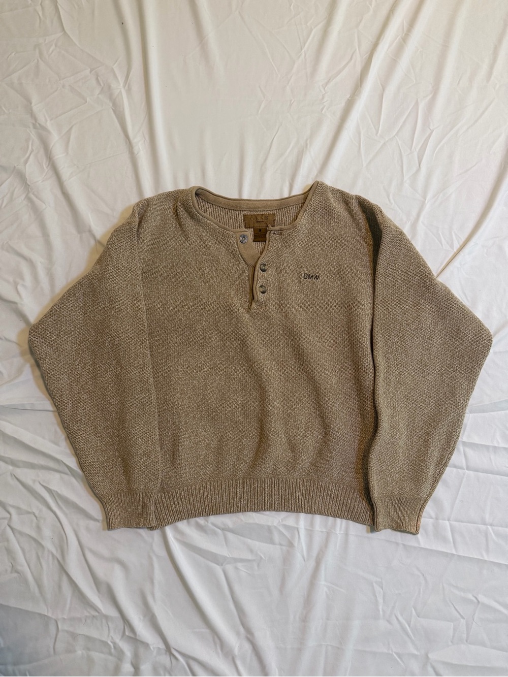 BMW Gear For Sports Men’s L Beige Cotton Henley Sweater Embroidered Logo Knit